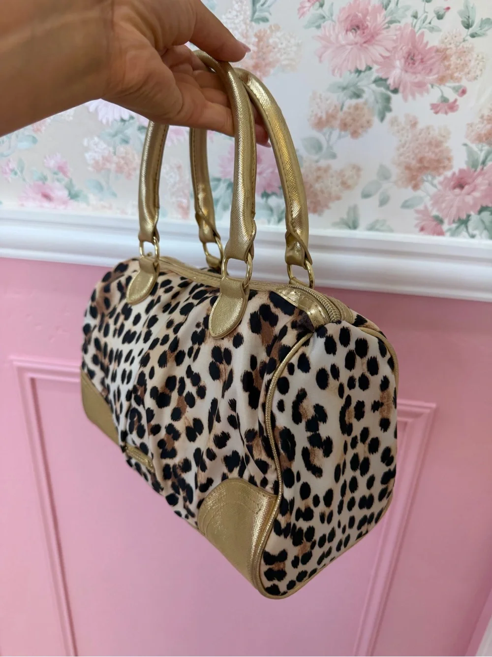 Y2K Leopard Print Satchel with Gold Accents - Women's Handbag